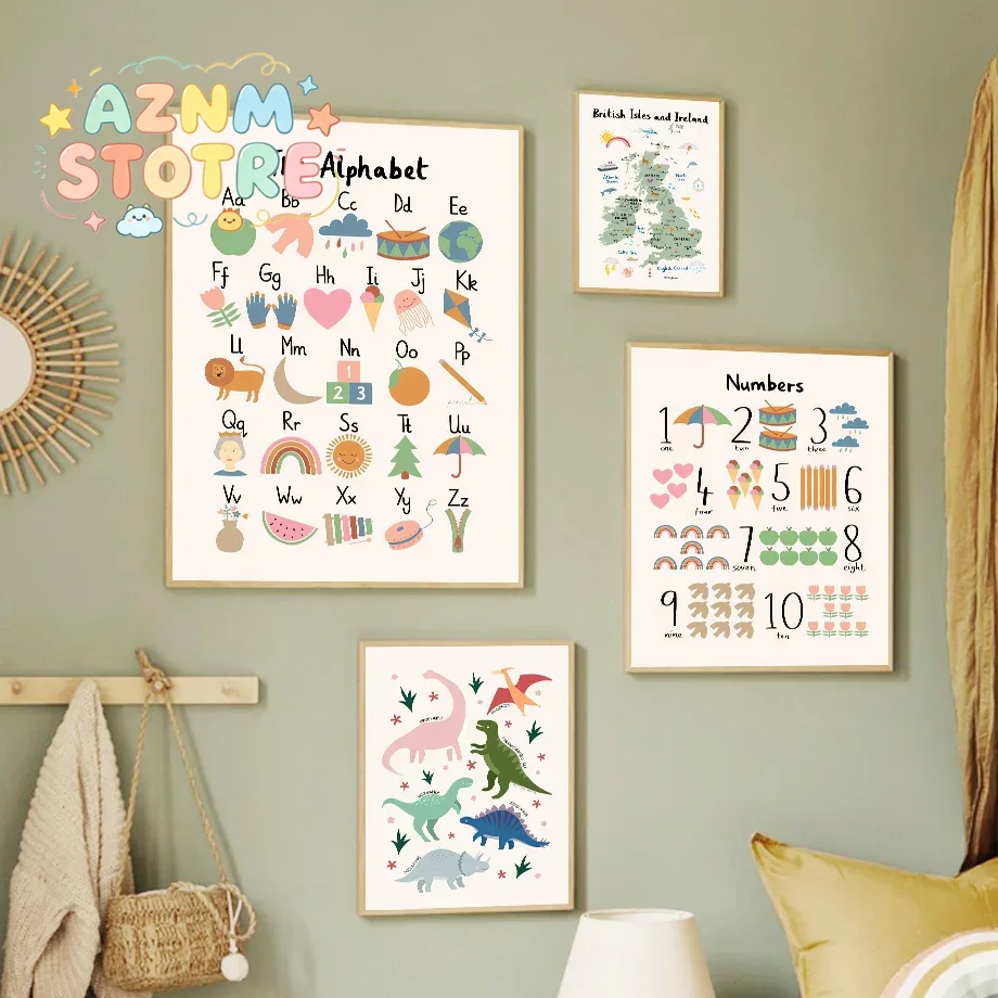 Geometric Wall Art - Animal World Map Dinosaur Alphabet Number