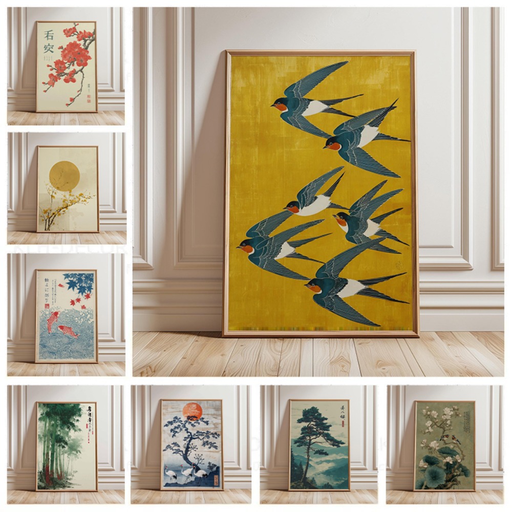 Abstract Oil Painting - Japanese Crane Poster,Vintage Ukiyo-e Wall Art,Red